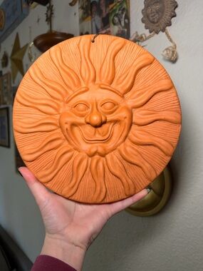 Terracotta Sun Face Wall Plaque - Bright Orange Ceramic Décor